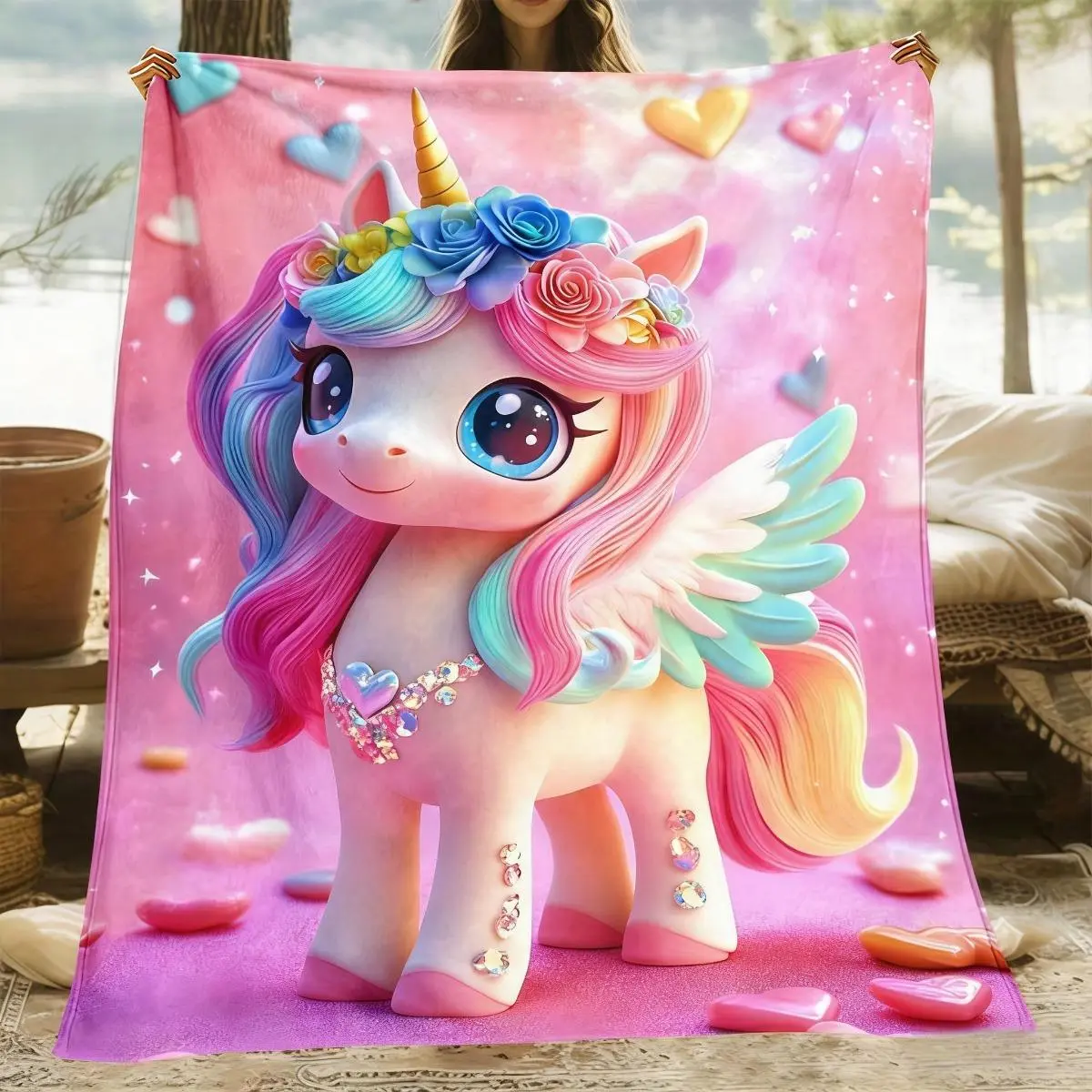 Unicorn Print Flannel Blanket  Soft Warm for Sofa Bed Durable All Season Bedding Cozy Gift for Girls Rectangle Jacquard Anti-Pilling Portable Wearable