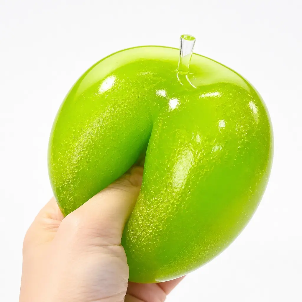 A large-sized soft toy in the shape of a green apple, a stretchable sensory squeezing toy, with moderate grip requirements, a highly malleable toy that does not spring back and is helpful in relieving sensory stress, suitable as a party gift.