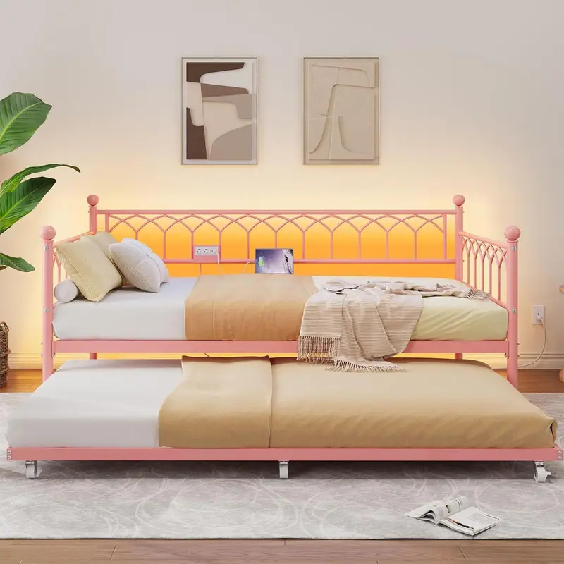 Gaomon Pink Metal Frame Twin Expandable Daybed with Trundle, Charging Station, LED Lights & Easy Set-Up, Pull-Out Sofa Bed for Guest Room, Apartment, Expandable Beds