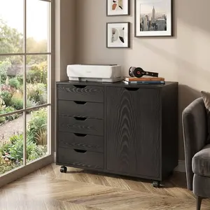 5-Drawer Wood Dresser Chest with Door, Mobile Storage Cabinet & Printer Stand for Home Office, White Drawer Organizer, Multi-Functional Storage Unit for Bedroom, Living Room, Back to School, Room Decor & Travel Essentials