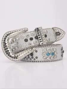 Rhinestone Decorated PU Buckle Belt, Fashionable Y2K Belt for Women & Men, Casual Waistband for Jeans, Party, Nightclub, Hop, Rock, Rave, Rhinestone Buckles Belt