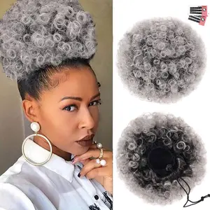 Afro Puff Drawstring Ponytail Extension for Black Women, Premium Ombre Gray #1BT0906 80 Gram Short Synthetic Afro Puff Ponytail for Natural Hair, Clip On Kinky Drawstring Curly Ponytail Bun