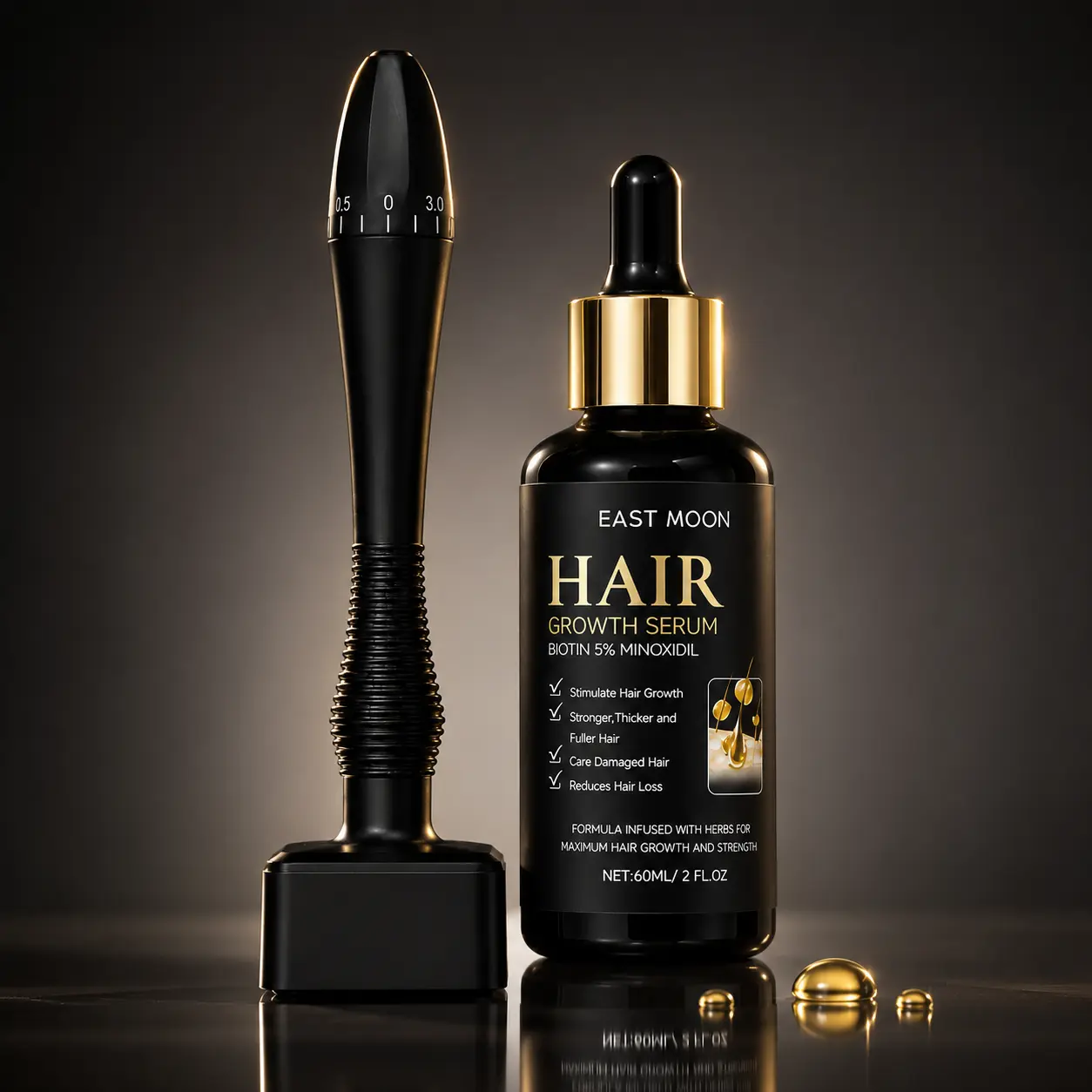 5% Minoxidil Hair Regrowth Treatment Kit with Biotin Hair Serum and Adjustable Derma Stamp for Scalp Care and Thinning Hair, 60 mL