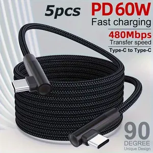 1pc/5pcs LAIHONEN Double 90-degree USB-C to USB-C data cable, Type C Charging, 20V/3A 60W PD fast charging & 480Mbps data sync, black nylon braided right-angle cable, suitable for laptops, tablets, and smartphones, space-saving design