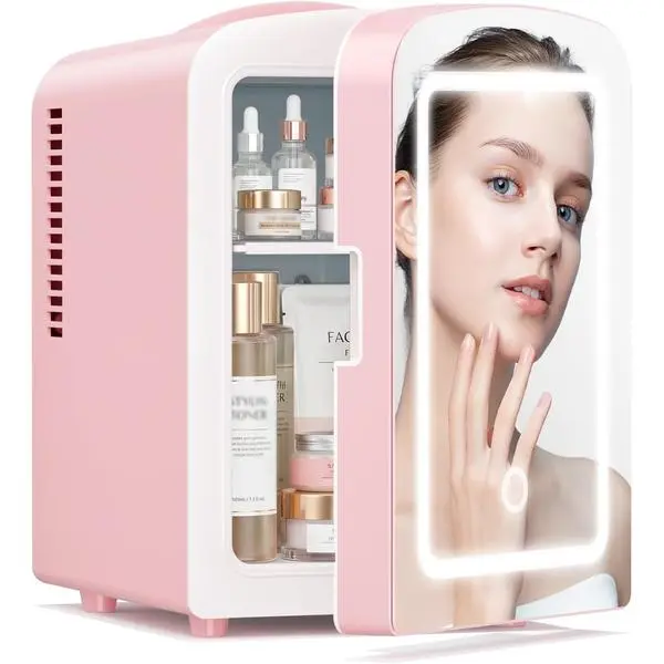 Xbeauty 4L Mini Skincare Fridge With Dimmable LED Mirror | Mini Makeup Fridge for SkinCare, Cosmetics, Food & Drinks, Portable Small Refrigerator for Bedroom, Dorm, Car, Office, Pink