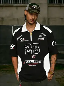 Oversize Chicago Racing Theme Polo Shirt, Men's Half-Zip Letter Print Short Sleeve, Street Style Motorcycle, Long Loose-Fit Top