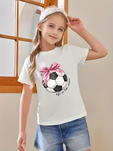 Girls' Fashionable Cotton Blend T-Shirt with Pink Bow Soccer Ball Print - Casual Round Neck, Short Sleeve Top for Summer