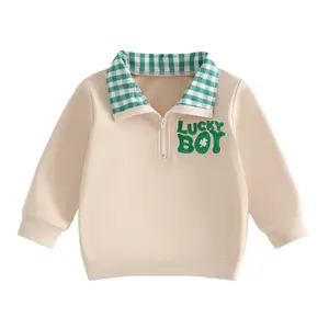 Canrulo Toddler Baby Boy St. Patrick's Day Sweatshirt Luvky Boy Embroidery Plaid Collared Long Sleeve Tops for Spring 6M-4Y