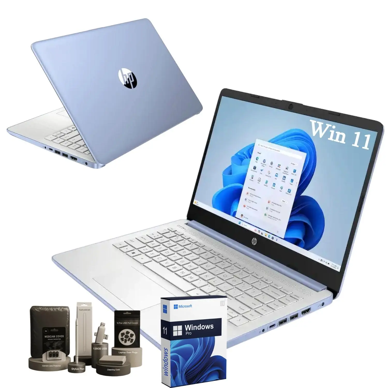 HP 14 Inch Student Laptop, Intel Processor N150 Up to 3.6GHz, 4GB RAM 128GB Storage, 1 Year Office 365, Windows 11 Pro Slim Notebook for School & Daily Work,Bundle Accessories