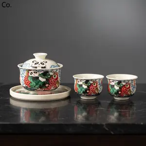Richness and Abundance Chinese National Trend Tea Brewing Bowl, Household Ceramic Hovering and Rotatable Covered Bowl, High-End Chinese Style Gongfu Tea Set