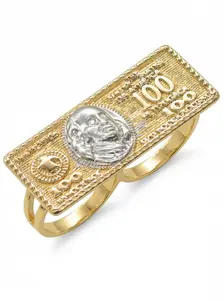 1pc 14k Hip Hop Style Dual Color Gold Plated Ring, Unisex Party Jewelry, Daily Wear Accessory, Fashionable Two Finger Ring, Engraved Ring