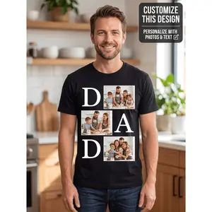 Custom Photos And Text Personalized Short Sleeve T-Shirt for Men Women, Featuring a Casual Round Neck Design. Create Your DIY Family Picture Graphic Tee As Special Father'S Day Or Birthday Present Fat