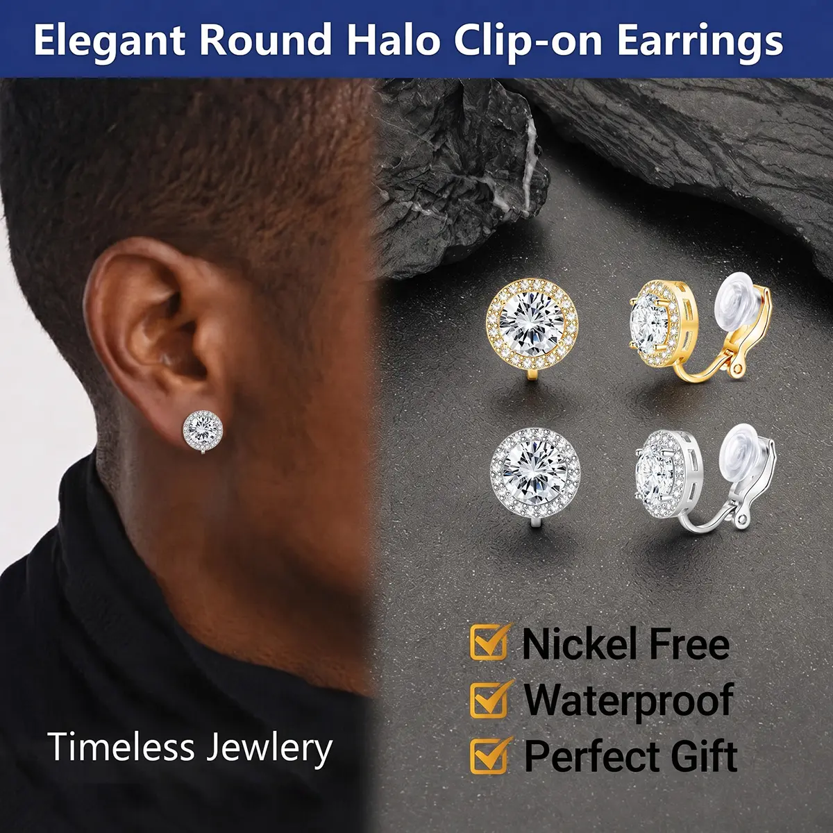Women's Hypoallergenic Metal Coated Cubic Zirconia Rhinestone Clip-On Earrings - Unisex Sparkle Non-Pierced Studs for Wedding & Dance Competitions, Silver/Gold