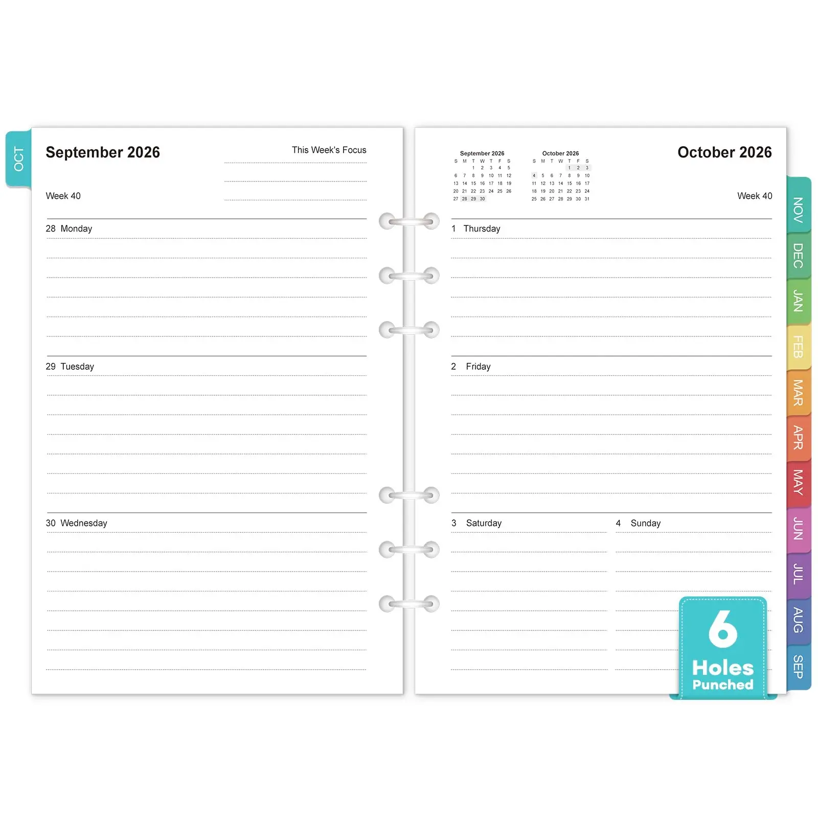 A5 Planner Inserts: 18 Months Oct 2026-Mar 2028 Weekly & Monthly Refills 5.75" × 8.25", 6-Hole Punched, 100gsm Thick Paper, Colorful Monthly Tabs, Not for 3 or 7 Ring Binders, A5 Paper