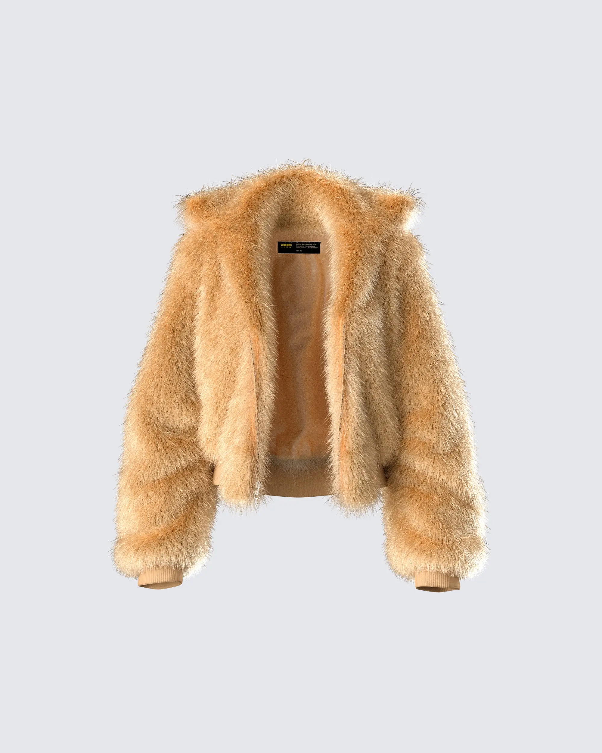 Women's Plush Faux Fur Bomber Jacket, Tan Casual Fashion Tops with a Zipper Front and Knit Cuffs and Hem, Spandex, Cropped, Coats, Ribbed