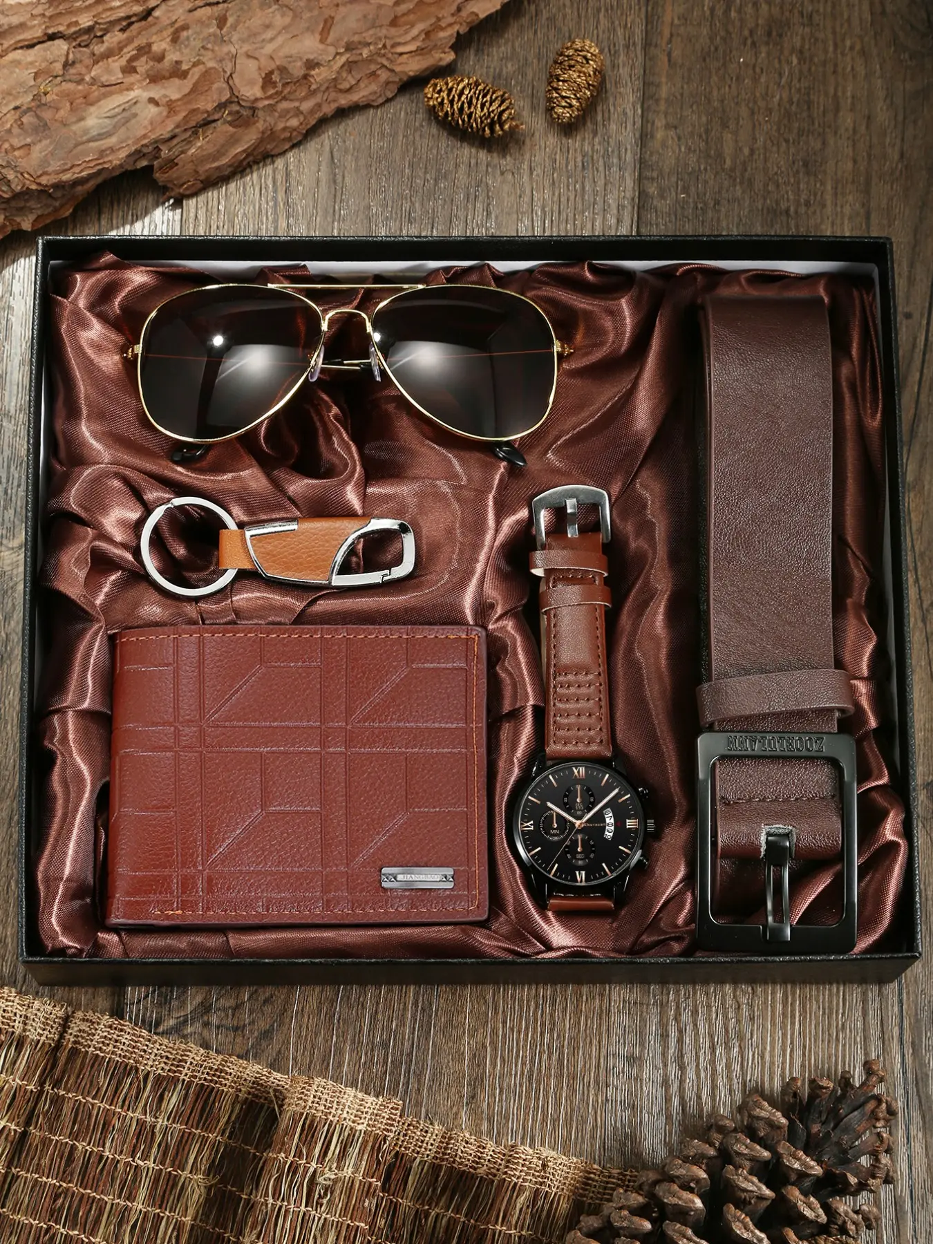 Leather Strap Watch Accessory Set with Matching Wallet, Glasses Case, Keychain, Belt, Business Casual Seamless Switch, Classic Multifunctional Design, All Seasons, Men's Accessories