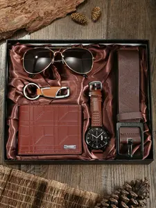 Leather Strap Watch Set with Matching Wallet, Glasses Case, Keychain, Belt, Business Casual Seamless Switch, Classic Multifunctional Design, Men's Accessories