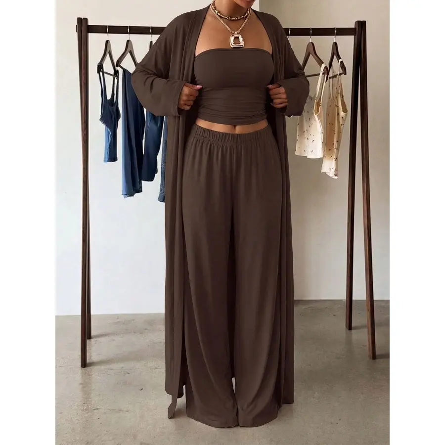 Women's 3 Piece Lounge Set Brown Open Front Cardigan Tube Top Wide Leg Pants Outfit