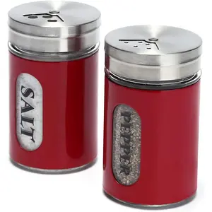 Salt and Pepper Shakers Stainless Steel and Glass Set with Adjustable Pour Holes (Red)