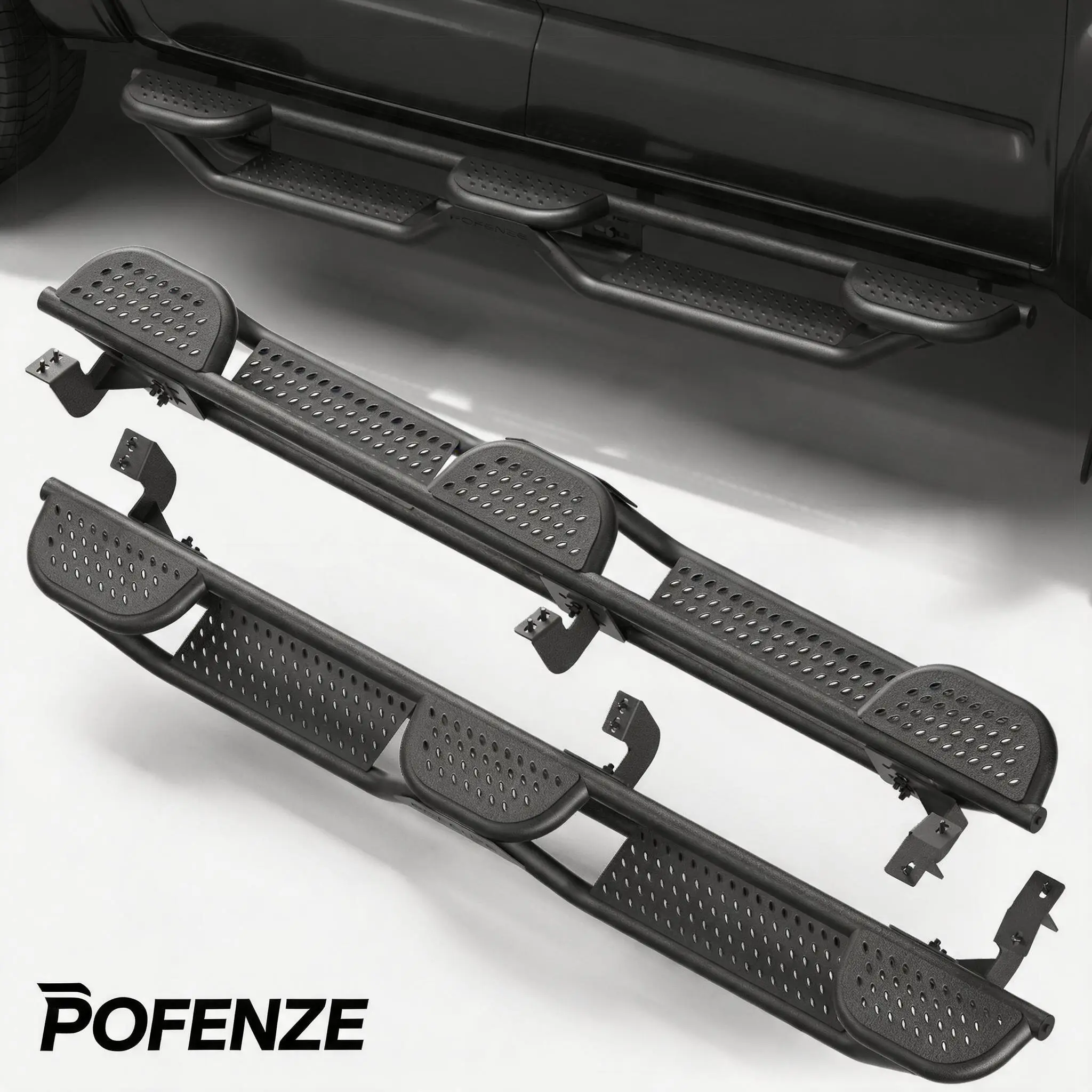 POFENZE-NADIA Running Boards Side Steps - Bolt-On Vehicle Accessory Car Supplies for 2005-2023 Toyota Tacoma Double Cab (Full Door Fit), 2-Stair Black Powder Coated Star Logo Rock Sliders, Quick Secure Installation, Wear-Resistant Accessibility Aid, Acces