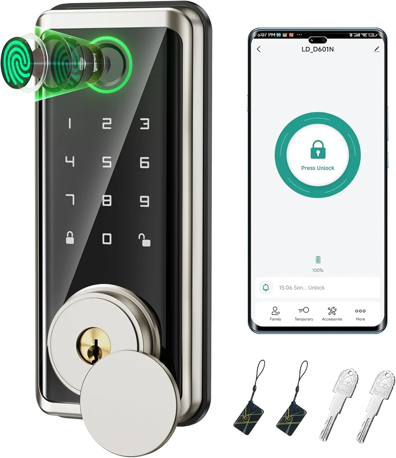 Keyless Entry Door Lock,  Auto Locks for Front Door & Key Fobs & Remote Control, Keypad Deadbolt Digital, Fingerprint Door Lock with Code, Cerraduras Inteligentes, IP68, Satin Nickel