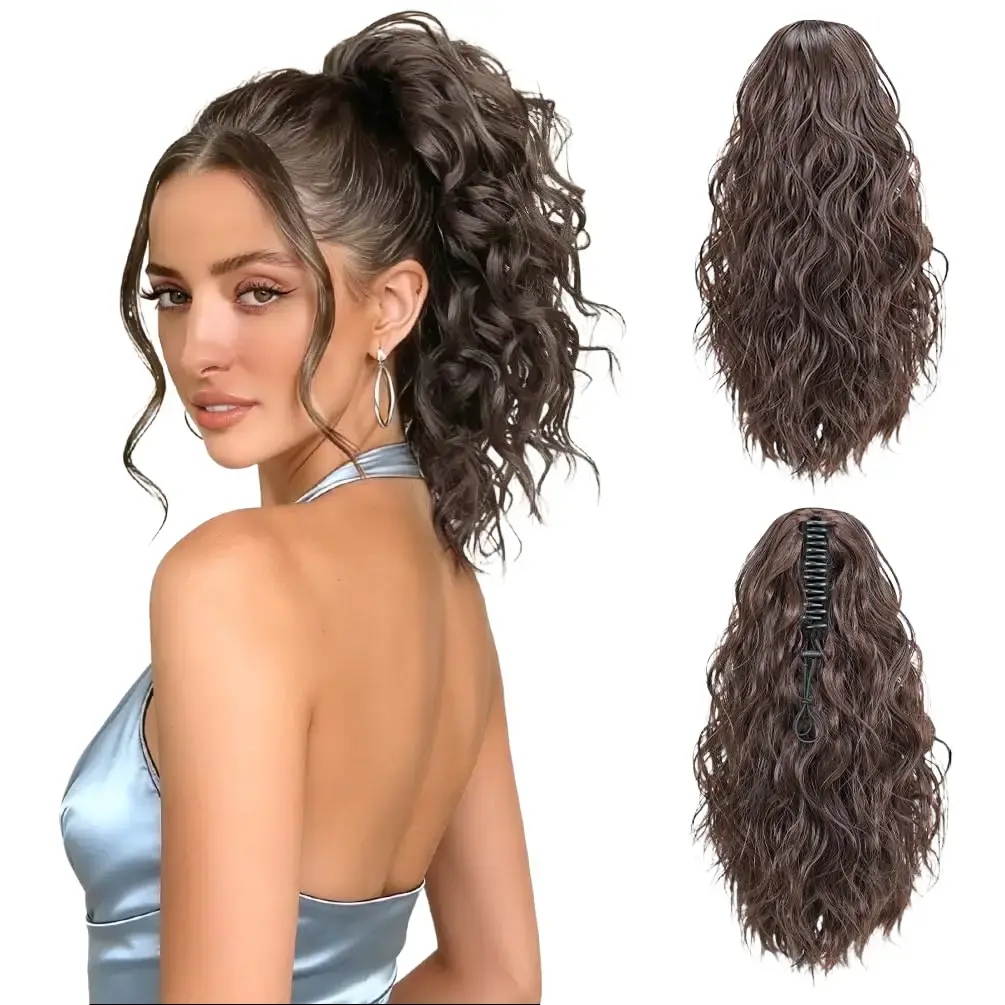 Wavy Curly Ponytail Extension, 14 Inch Synthetic Claw Clip-In Hairpiece in Dark Brown with Highlights for Women, Natural Look for Daily & Party Use, Ponytail Hairstyles, Wavy Curls, Hair Extension, Female, Synthetic Extensions & Pieces