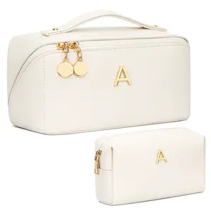 CLOUDWINGS Birthday Gifts for Women Teen Girl, Personalized Initial Makeup Organizer Bag Set, Open Flat Travel Cosmetic Bag With Clear Divider and Handle