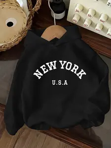 Women's Usa New York Graphic Hoodie, Loose-Fit Thicken Fabric, Long Sleeve Drawstring Design, Casual Daily Wear & Fall Winter