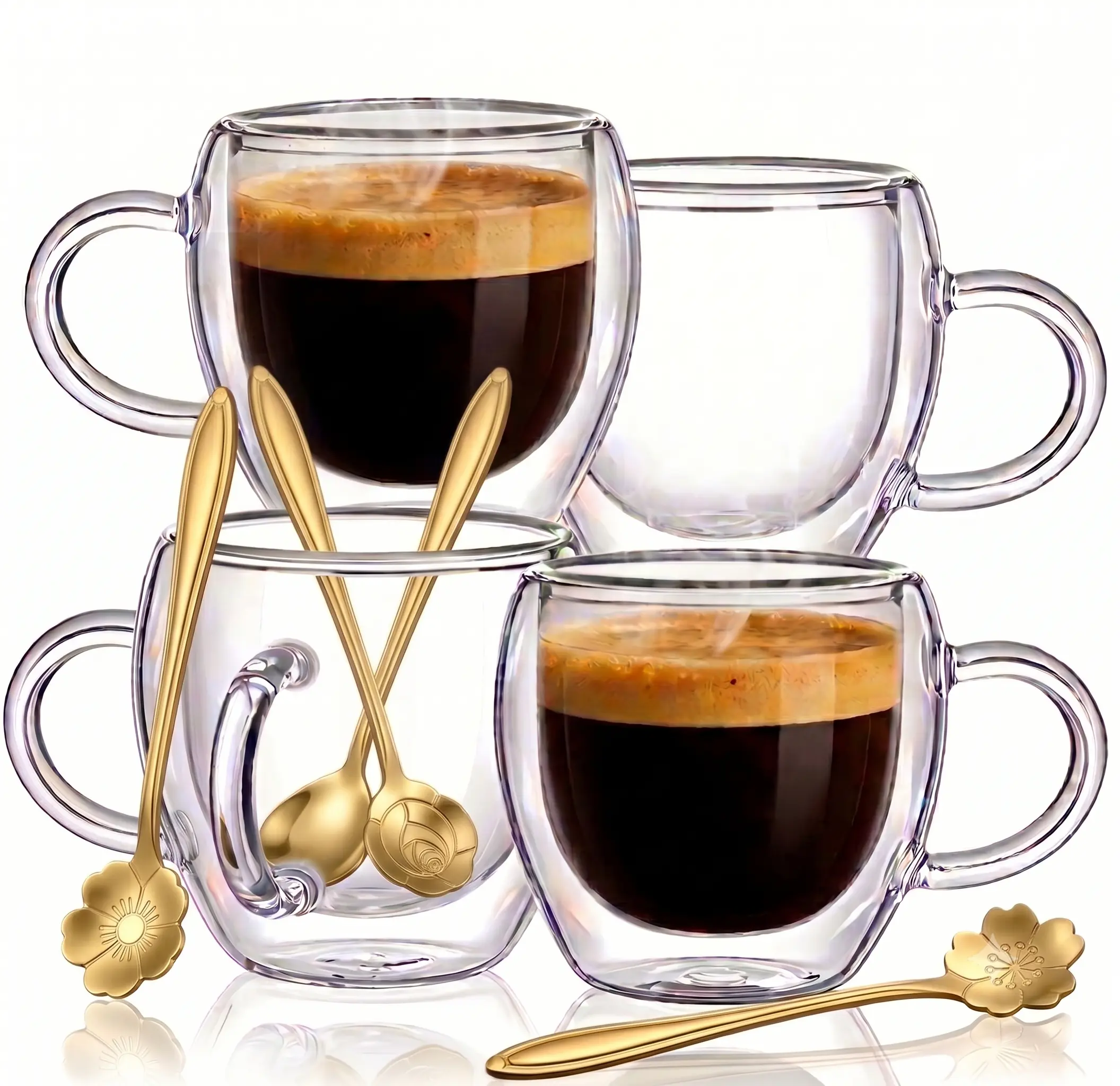 4-Piece BPA-Free Double Wall Glass Espresso Cups with Ergonomic C-Handle & Spoons, 2.5oz Heatproof Coffee Drinkware for Home Use, Cool Grip Small Shot Glasses for Espresso Machine Accessories