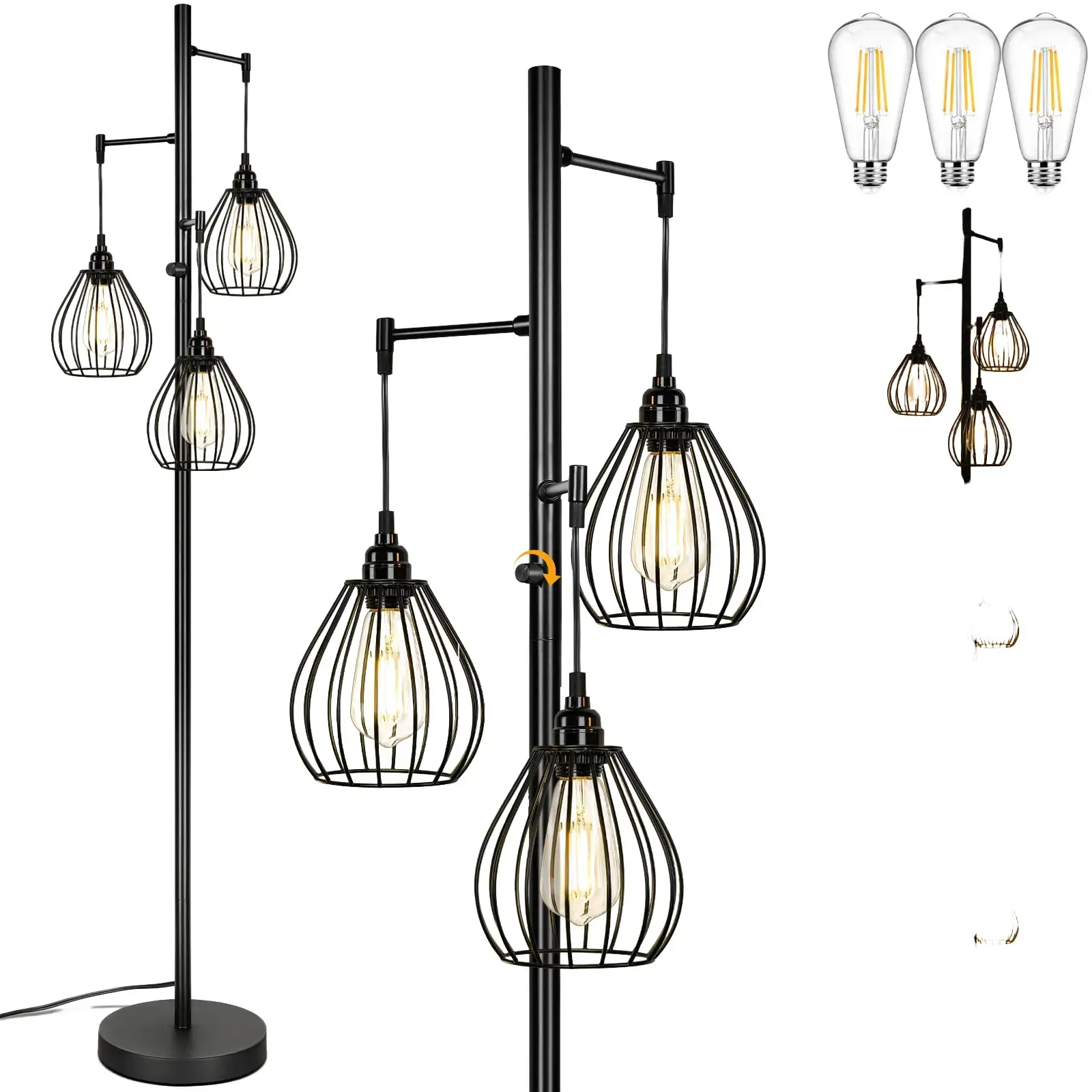 Dimmable Floor Lamp, Farmhouse Industrial Standing Lamp with 3 PCS 7W LED Edison Bulbs & 3 Light Elegant Teardrop Cage Heads, Black Rustic Tree Tall Vintage Pole Lamps for Living Room Bedroom Decor