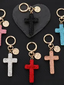 12 Colors Cross Pendant Soft Clay Rhinestone Bag Decoration Car Key Chain Flashy Fashion Jewelry Valentine's Day Gift