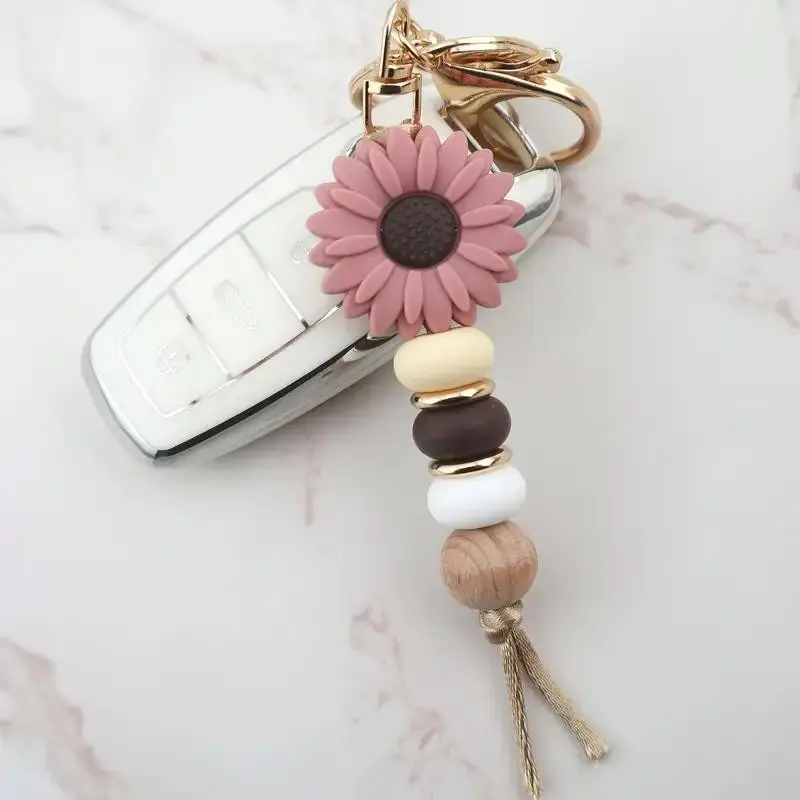 Fashion Floral Silicone Bead Keychain, Key Accessories, Floral Pattern Keychain, Flower Keychain, Cute Car & Wallet Ornament, Lobster Clasp, Perfect New Year Gift for Women