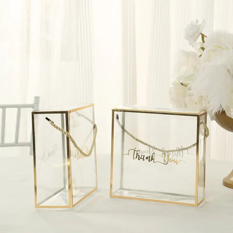 25 Pack Gold-Trimmed PVC Square Flat Birthday Gift Boxes, 8"x8" Classy Elegant Packaging with Rope Handles, Thank You Print, Portable for Party, Office Stationery Supplies (Boxes for Gifts)