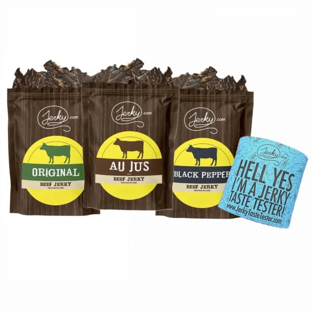 3 Pack - Doug's Favorites Jerky Bundle + Koozie - Original Beef, Au Jus Beef, Black Pepper Beef - All-Natural, No Added Preservatives - 7.5 oz