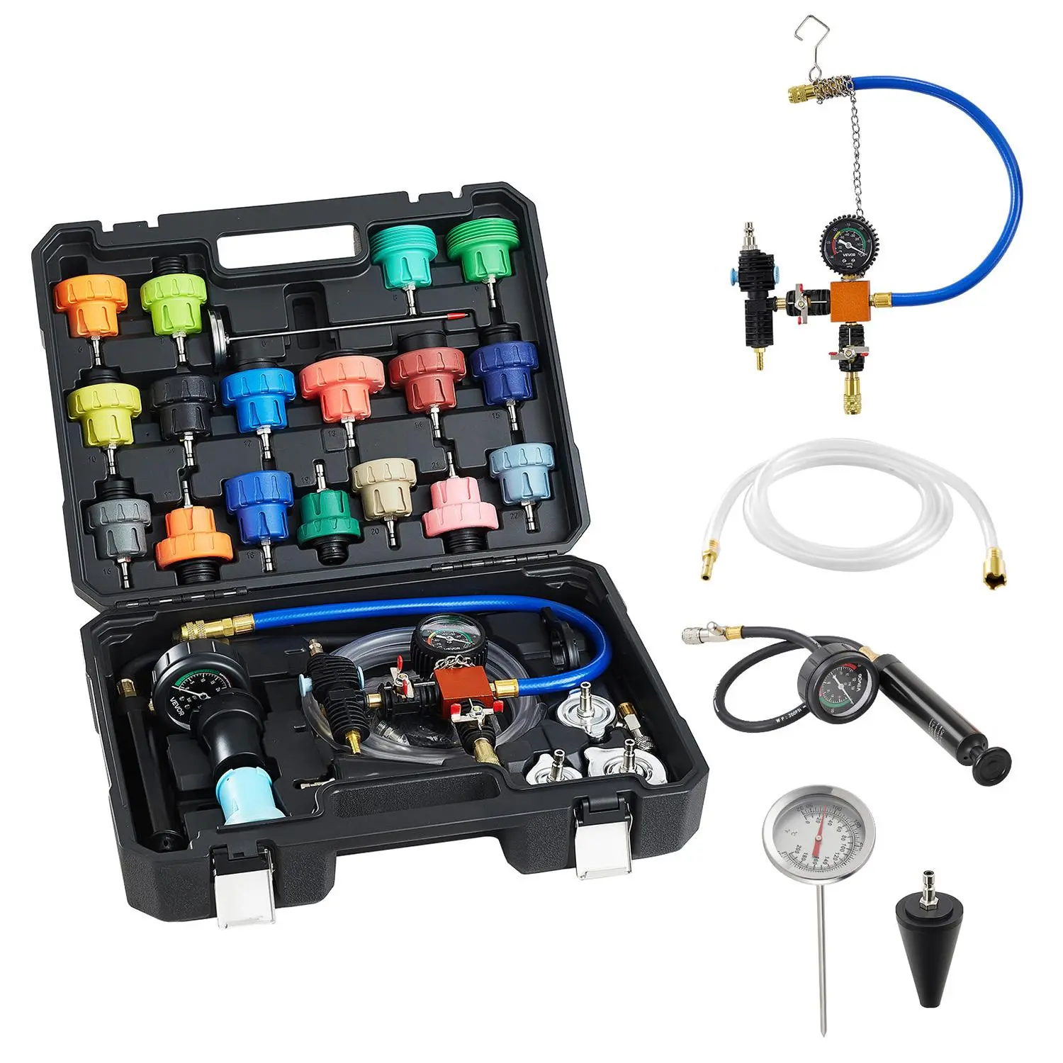 【summerfinds】VEVOR Coolant Pressure Tester Kit, Summervibes,Summervibes, 47Pcs Radiator Vacuum Refill Kit with 3 Metal Adapters, Universal Fit, Automotive Cooling System Pressure Tester Tool, with Pressures Pump & Aluminum-Plastic Filler