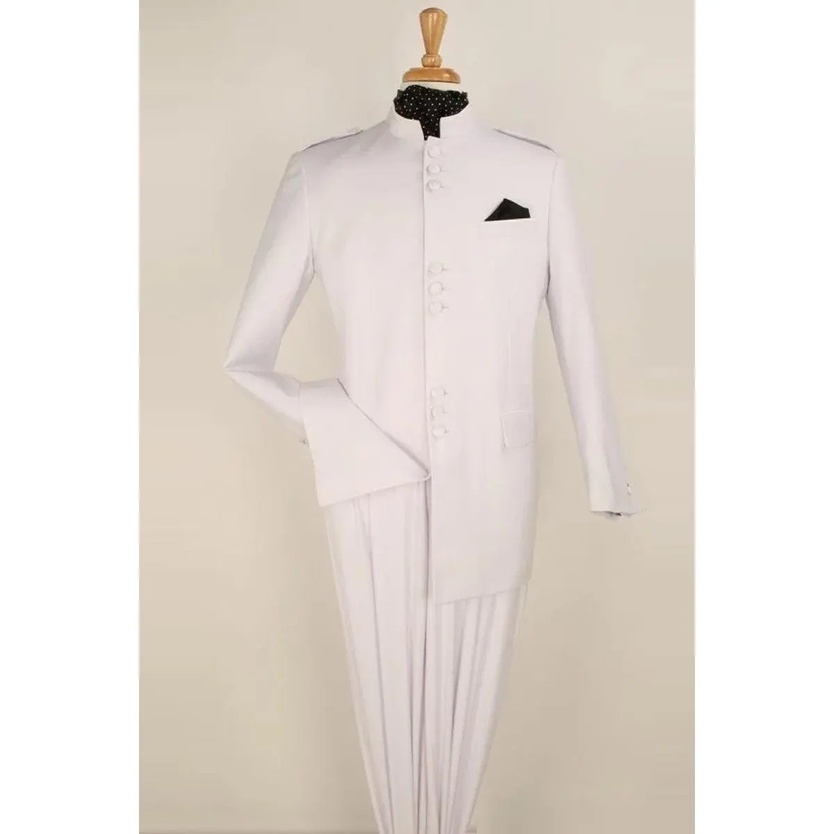 Mens Classic Military Banded Collar Mandarin Safari Suit in White