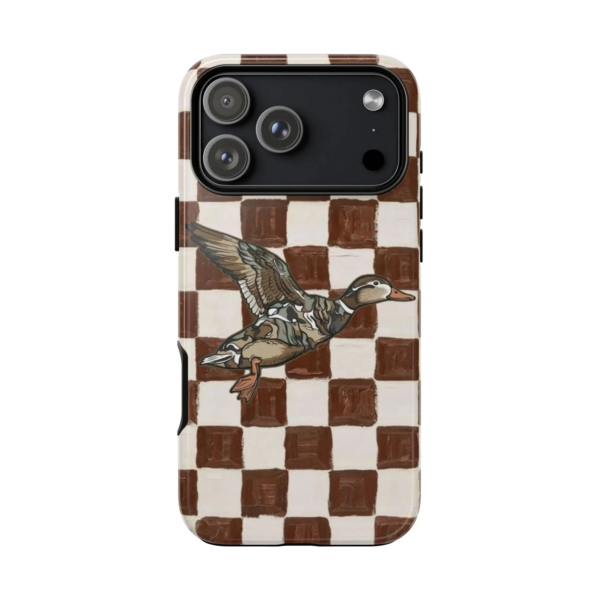 Patterned Duck Checkered Strapless PC Dual-Layer Hard Shell Smartphone Casing - Brown Vintage Aesthetic Protection for iPhone 17,16,16 Plus,15 Pro Max, Stylish Cellphone Device Accessory, Thoughtful Gift, Mixcolor, Devices