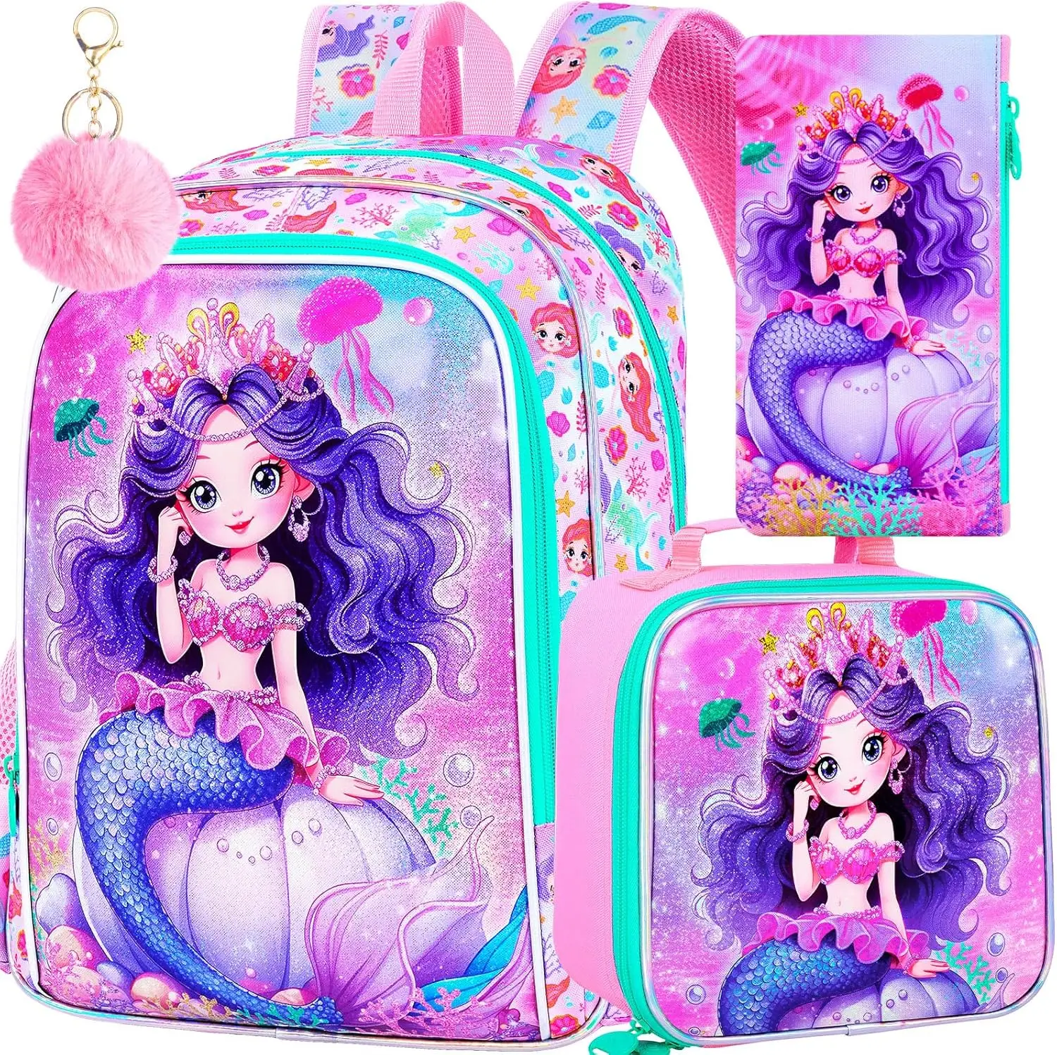 3Pcs Mermaid Backpack for Girls, 16" Kids Bookbag with Lunch Box, School Backpacks Set for Elementary Preschool Kindergarten(Pink)
