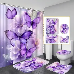 1pc/4pcs 2D Flat Purple Butterfly Floral Pattern Multi-Color Background Shower Curtain, Modern and Personalized Home Bathroom Art Decoration, Shower Curtain Set with 12 Hooks, Bathroom Non-Slip Mat, Toilet Seat Cover, Holiday Decoration
