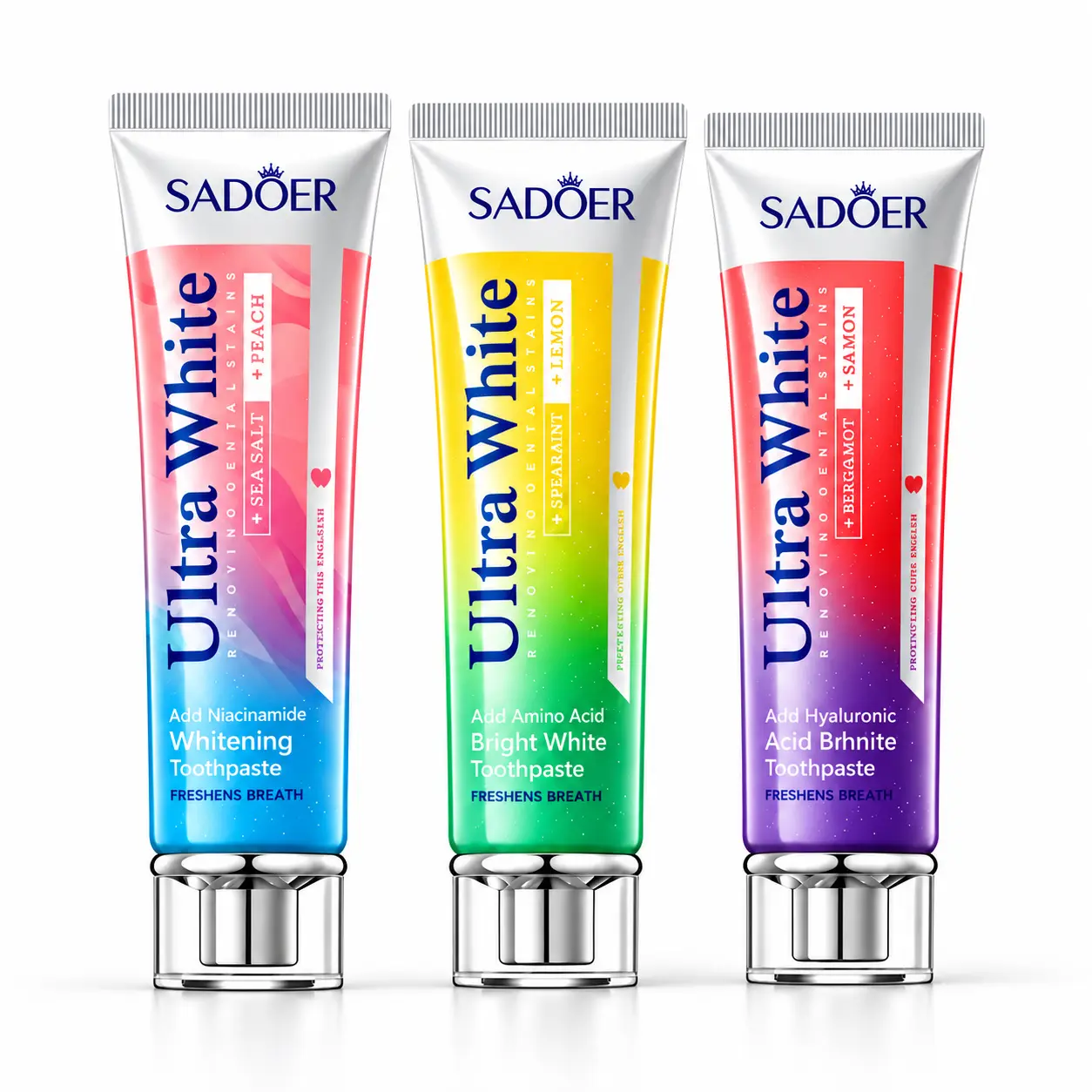 3 Pack SADOER Ultra White Toothpaste, Lemon Peach and Cherry Blossom Flavor Variety Set, Daily Brushing Oral Care Essentials for Adults, Fresh Breath Toothpaste Bundle for Home Dorm and Travel