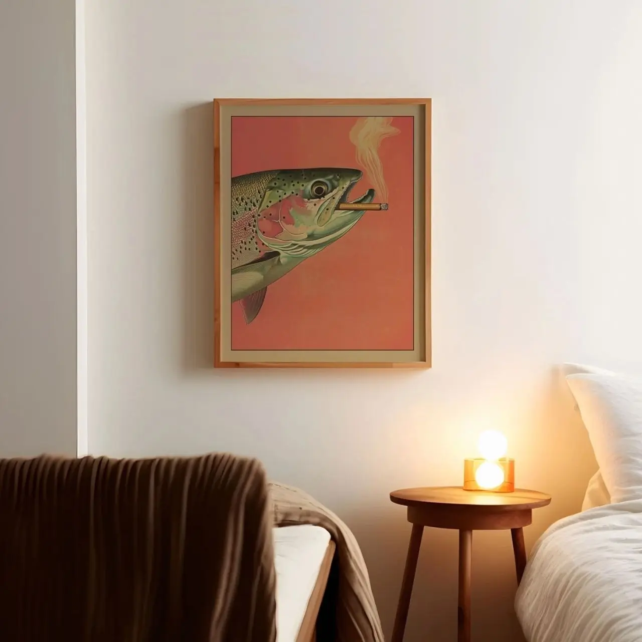Vintage Trout Wall Art, Funny Fisherman Illustration, Retro Cabin Decor, Whimsical Fishing Poster, Gift for Dad | Unframed O