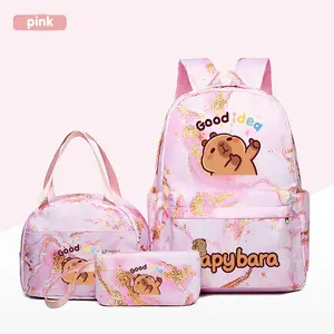 3pc Cracked Design Backpack Set, Cute Cartoon Capybara Theme, Multiple Colors, Durable Material, Computer Compartment, Lunch Bag & Pencil Case