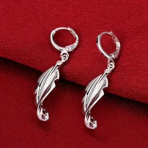 Elegant Silver Plated Feather Hoop Earrings for Women – Bohemian Inspired Lightweight Dangle Jewelry, Polished Leaf Shape Design, Fashion Statement Gift for Birthday, Anniversary, or Daily Wear trendy jewelry