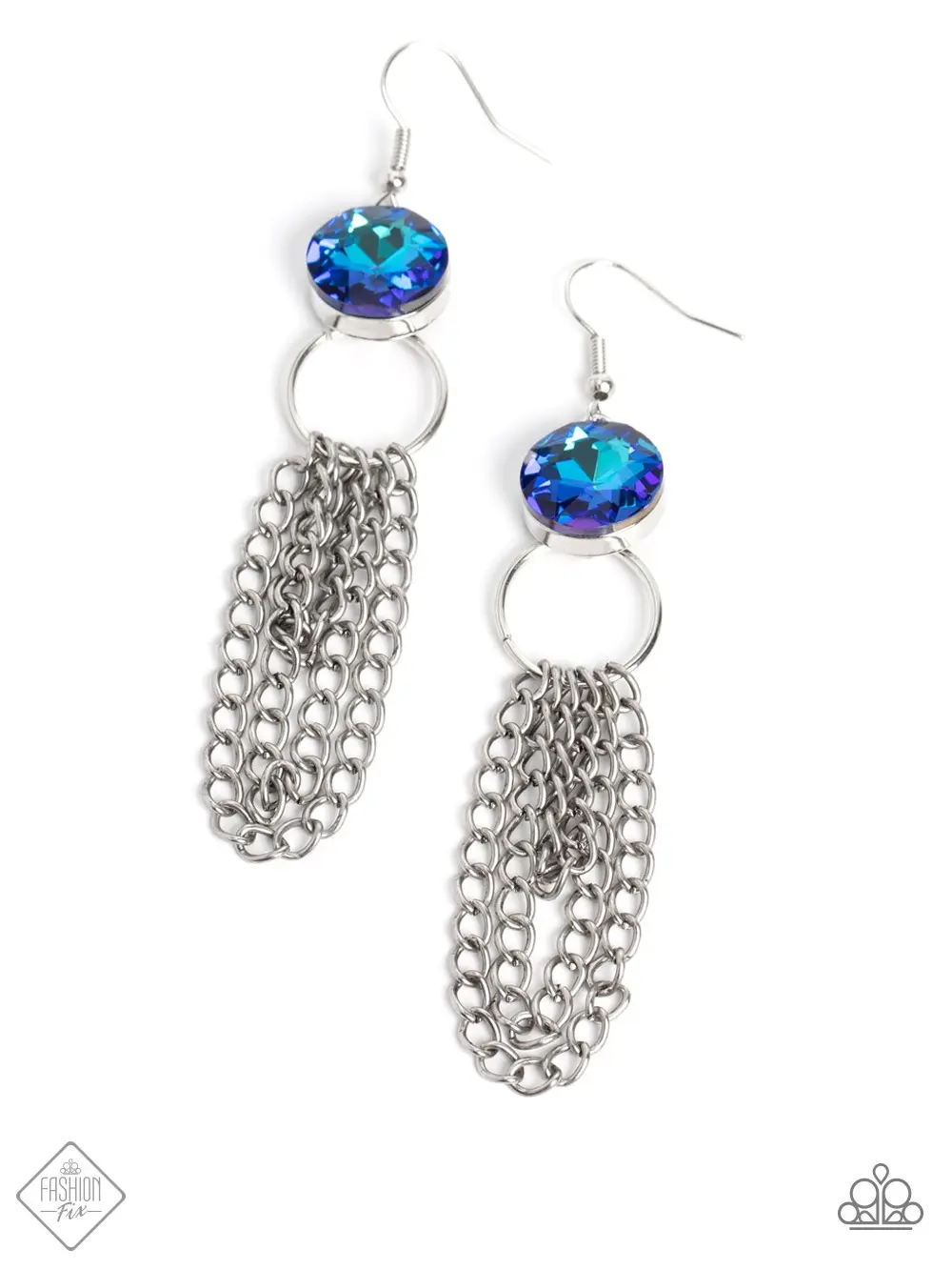 Arthurian A-Lister - Blue Hook Earrings, Blue Gem with Silver Ring Drapes Silver Chains