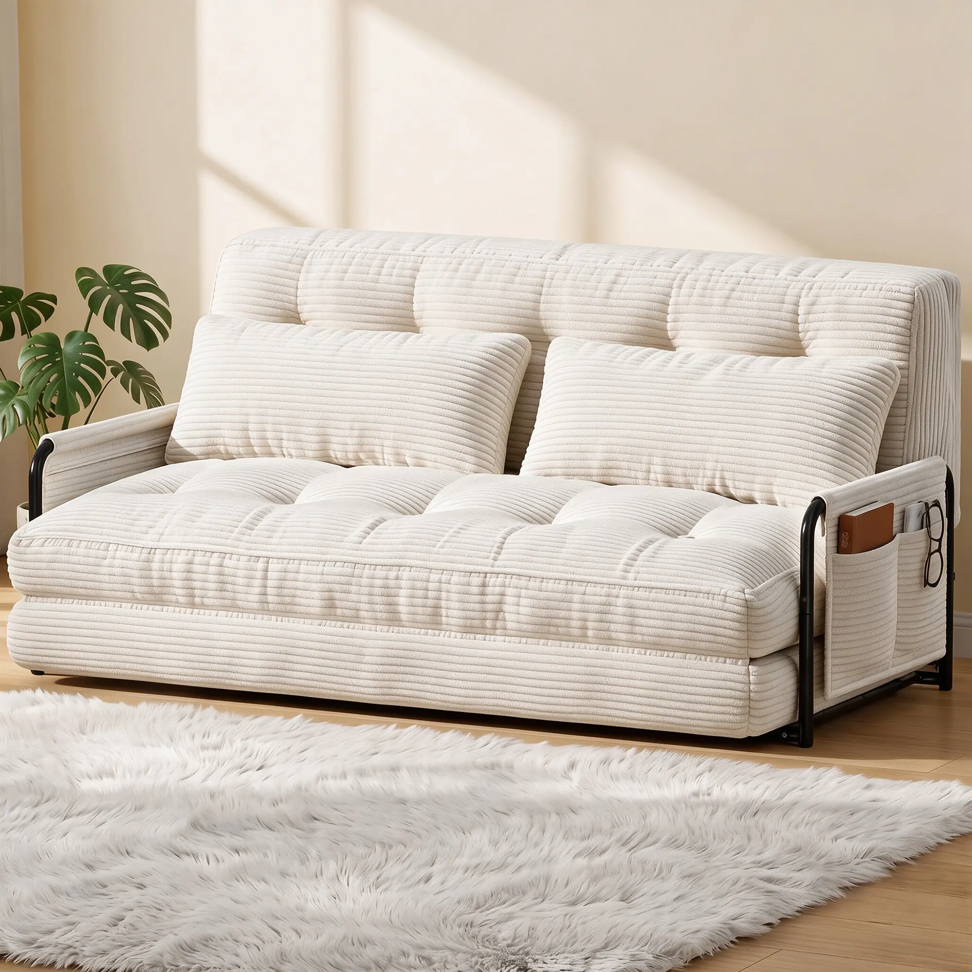 【Adjustable Sofa】Mr IRONSTONE Adjustable Floor Sofa Couch with Adjustable Backrest, Multi-Functional Bean Bag Bed with  2 Pillows, Foldable Lazy Sofa Sleeper Bed with Armrest, Versatile Floor Seating for Reading, Beige, Double