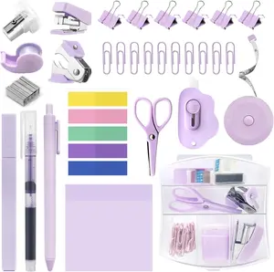 Valentine Day Gift Purple Mini Stapler with Staples and Tape Dispenser Set, Includes Sticky Notes, Highlighters, Gel Pens & Mini Stationary Kit for Kids