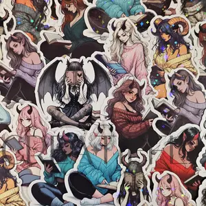 Demon Girl Book Reading Stickers - Waterproof Glitter or Glossy Stickers 2.25" Size Customizable for Kindle Book or Tablet Waterproof Durable Glossy Laminate or Glitter Holographic Laminate Styles