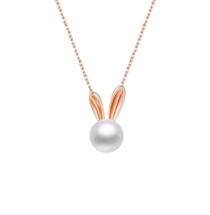 14K Rose Gold Cute Bunny pearl Necklace