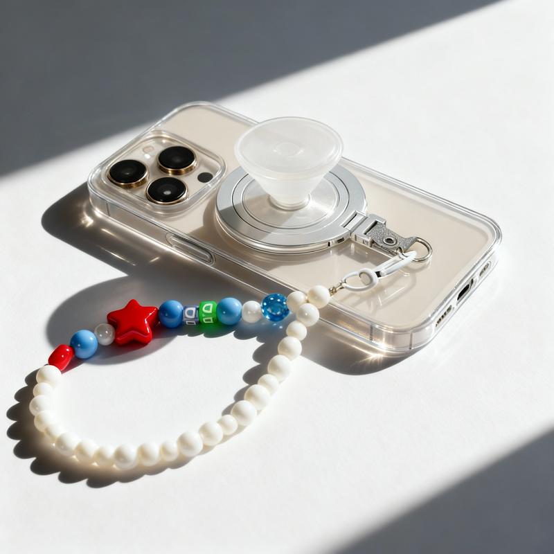 Magnetic Charm with Phone Grip Base for Kindle & Phone – Short Beaded Phone Chain, Anti-Theft Hands-Free Wrist Strap, Detachable Lanyard, Handmade Beaded Wrist Chain (Magnetic Ring Sticker Included for Non-MagSafe Devices)