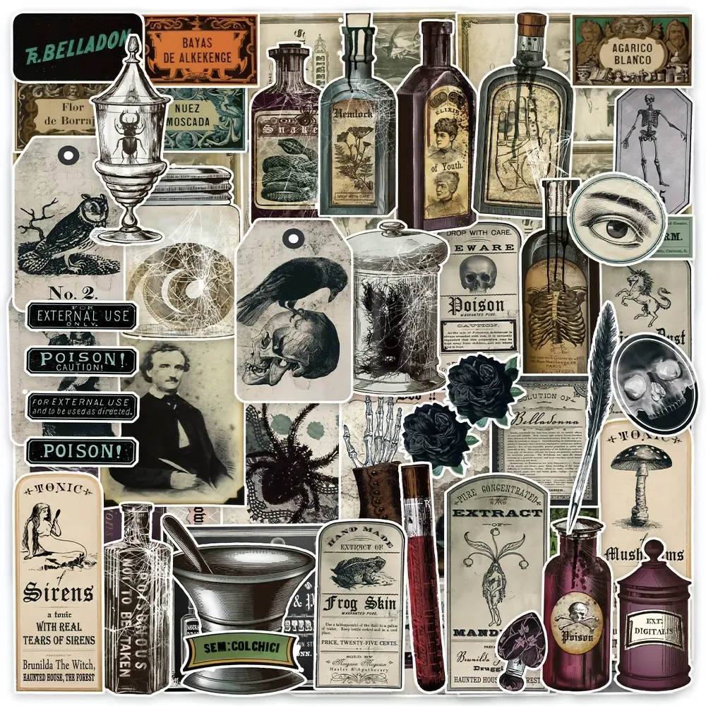 50/200PCS Vintage Potion Bottle Labels Stickers Retro Horror Gothic Stickers For Junk Journal Suitcase Scrapbooking Laptop Phone Water Bottle Decoration, Sticker Set
